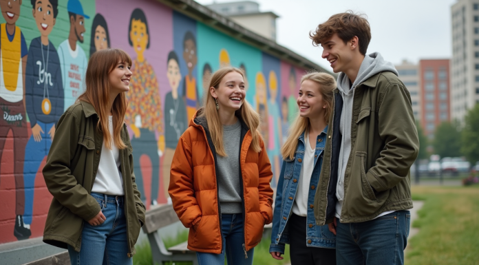 Jeunes discutant devant un mural culturel en ville