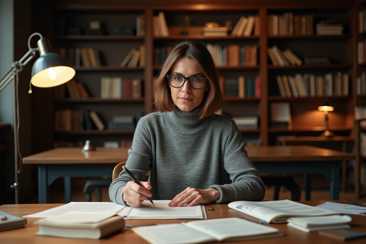 Journaliste féminine analysant des documents imprimés dans une bibliothèque d'archives, illustrant l'enquête sur les rumeurs médiatiques et la protection de la vie privée