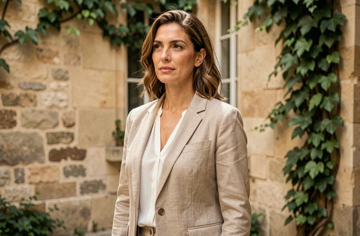 Portrait d'une femme d'origine franco-maghrébine dans une cour parisienne en pierre, illustrant le parcours culturel et familial de Karima Brikh