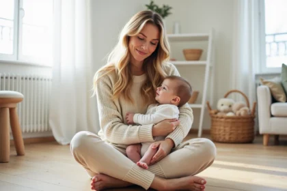 Katrina Patchett tenant tendrement son bébé dans un appartement parisien lumineux, ambiance maternelle et chaleureuse