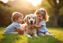 Labrador à poil long jouant avec deux enfants souriants dans le jardin