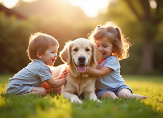 Labrador à poil long jouant avec deux enfants souriants dans le jardin
