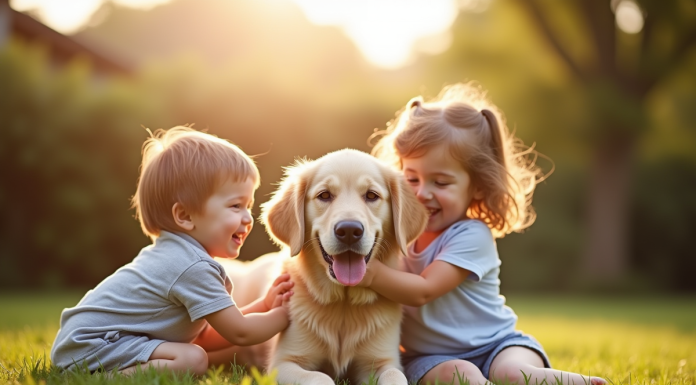 Labrador à poil long jouant avec deux enfants souriants dans le jardin