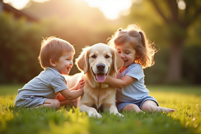 labrador-enfants-jardin Labrador à poil long jouant avec deux enfants souriants dans le jardin
