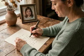 Femme écrivant une lettre manuscrite à sa filleule avec un stylo plume sur papier crème dans un bureau chaleureux
