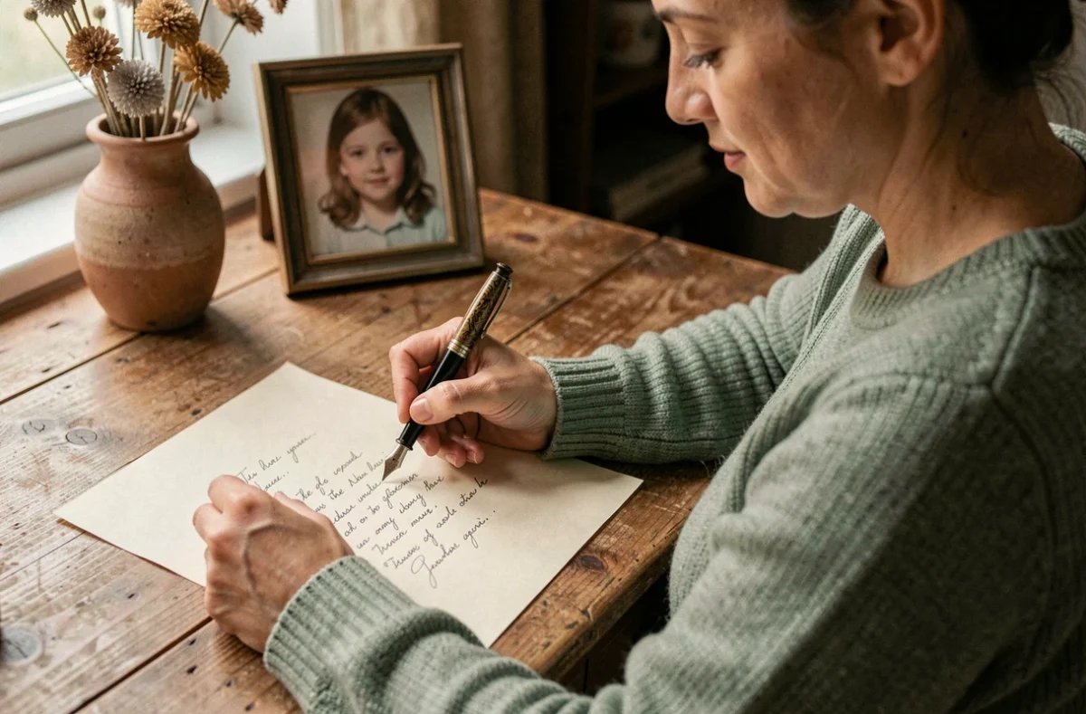 Femme écrivant une lettre manuscrite à sa filleule avec un stylo plume sur papier crème dans un bureau chaleureux