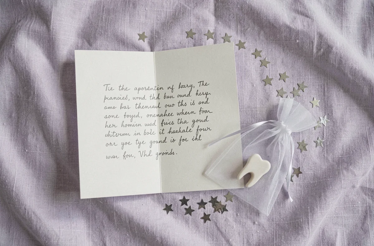 Vue de dessus d'une lettre personnalisée de la petite souris dépliée sur un drap en lin avec une dent de lait et des confettis étoiles argentés