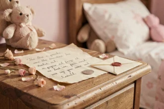 Lettre manuscrite personnalisée de la petite souris posée sur une table de nuit en bois avec une pièce dorée et des pétales de fleurs séchées