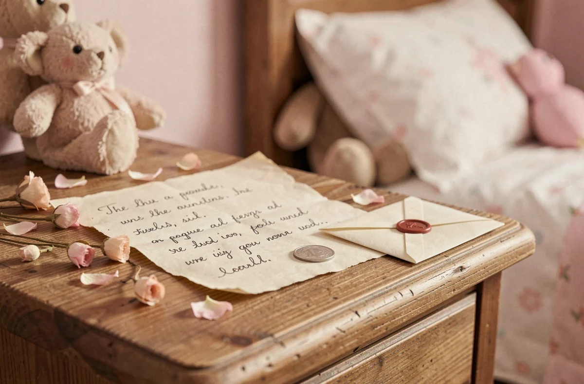Lettre manuscrite personnalisée de la petite souris posée sur une table de nuit en bois avec une pièce dorée et des pétales de fleurs séchées