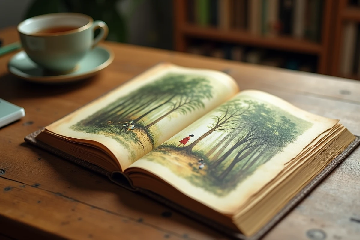 Livre illustré du Petit Poucet ouvert sur une table en bois, idéal pour la lecture du soir