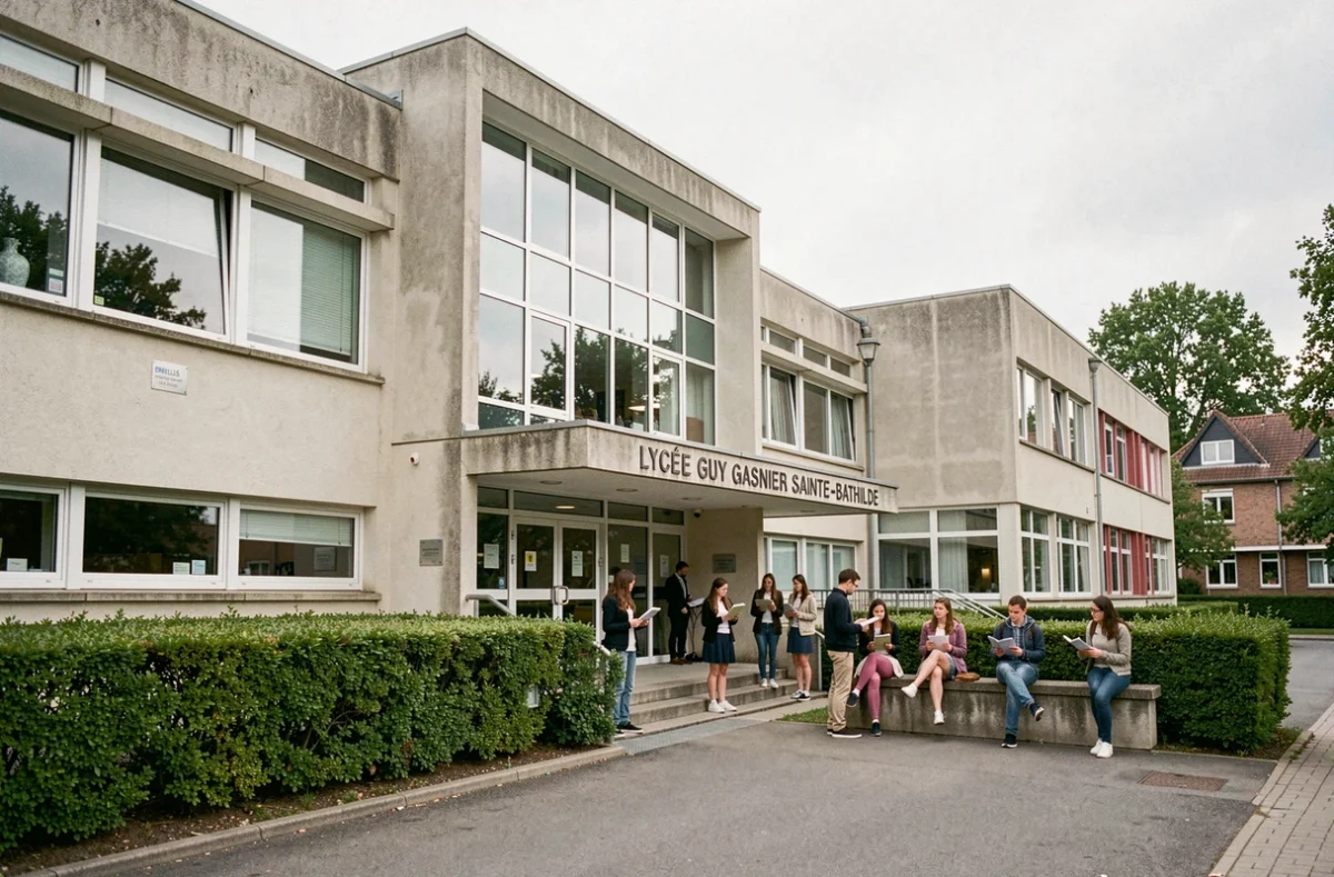Entrée du Lycée Guy Gasnier Sainte-Bathilde à Chelles avec des lycéens devant le bâtiment scolaire entouré de haies taillées