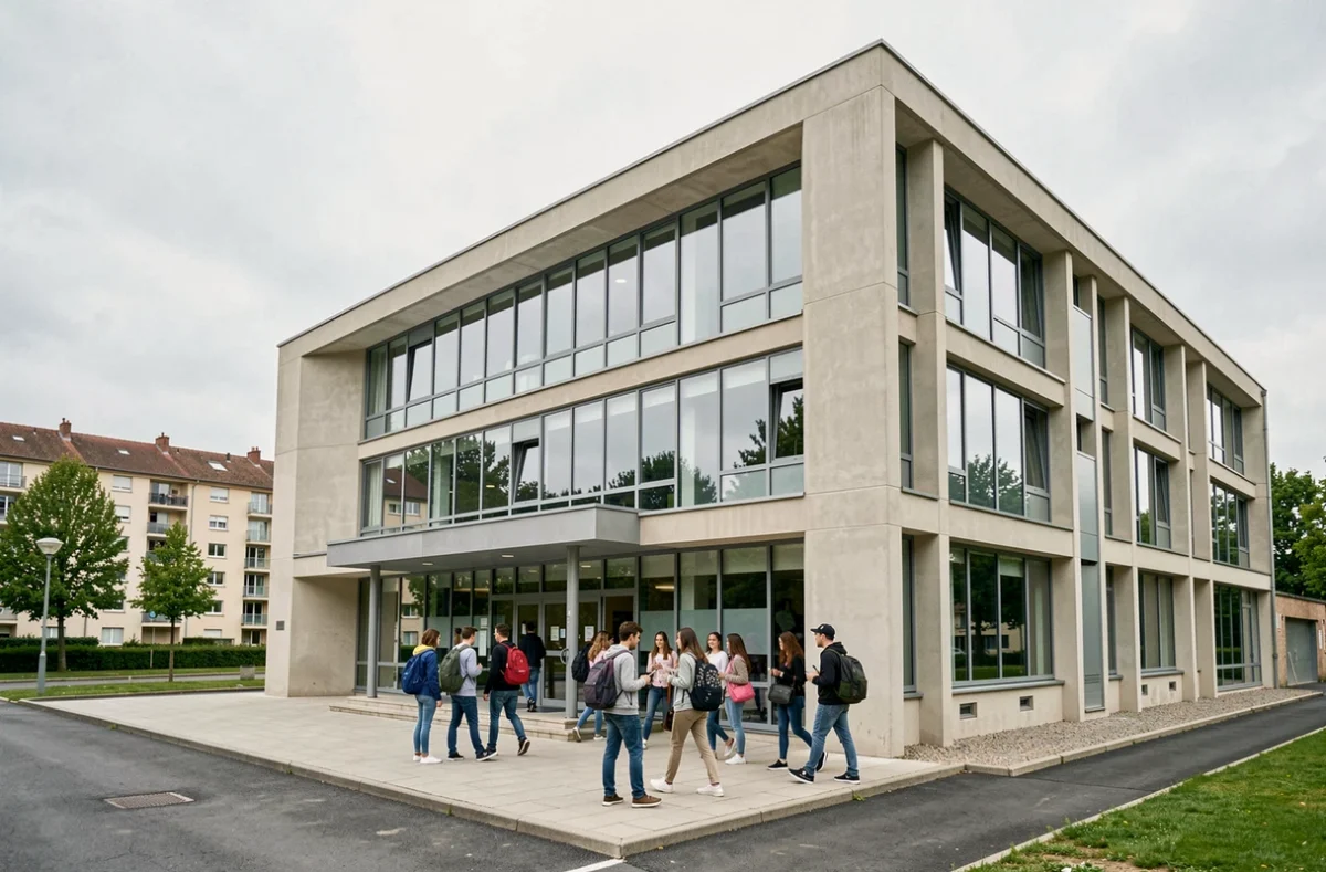 Façade moderne du Lycée Maurice Rondeau à Bussy-Saint-Georges avec des lycéens arrivant à l'entrée principale