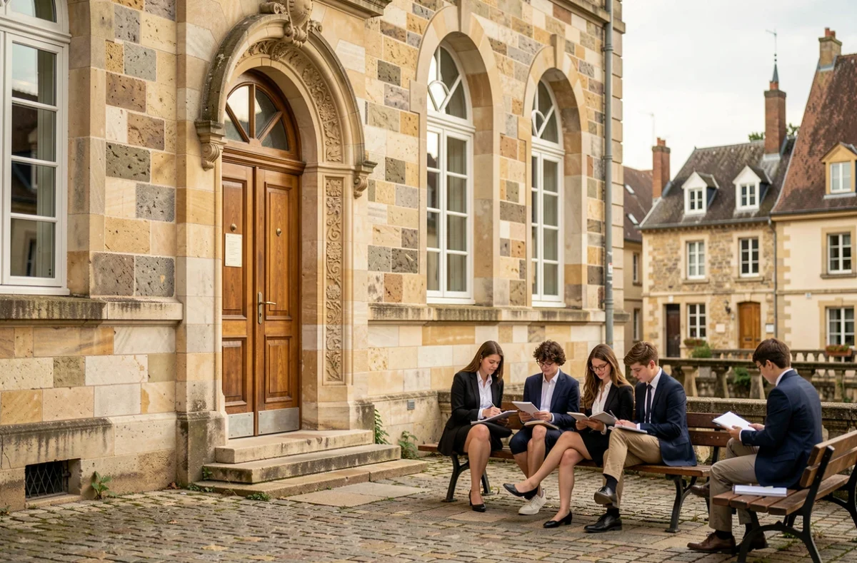 Bâtiment historique du Lycée Saint-Laurent La Paix Notre-Dame à Lagny-sur-Marne avec des lycéens dans la cour intérieure