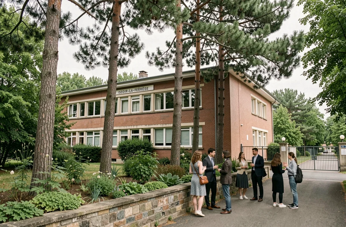 Lycée Sainte-Thérèse à Ozoir-la-Ferrière entouré d'arbres, avec des lycéens discutant près du portail de l'établissement