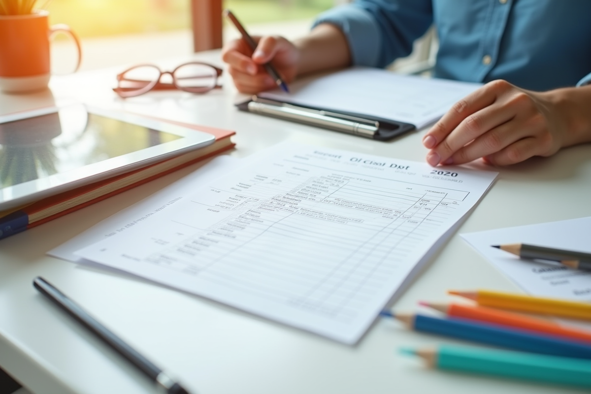 Main tenant un rapport scolaire avec fournitures scolaires colorées