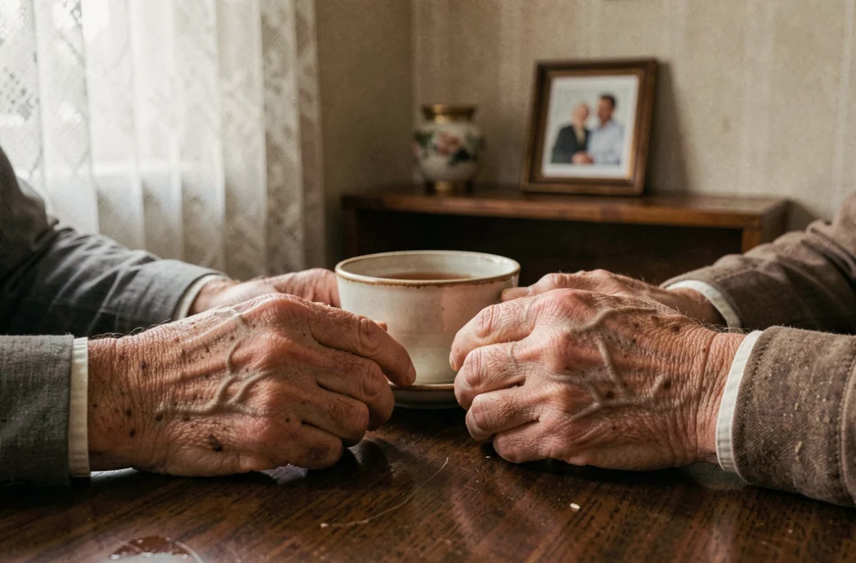 Gros plan de mains âgées posées sur une table en bois sombre près d'une tasse de thé, évoquant la discrétion, la vieillesse et l'intimité domestique