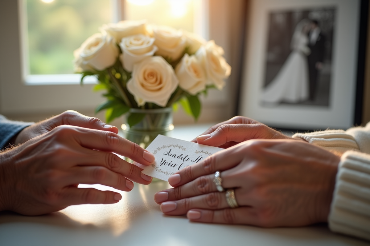 Mains d un couple agee tenant une carte anniversaire diamant