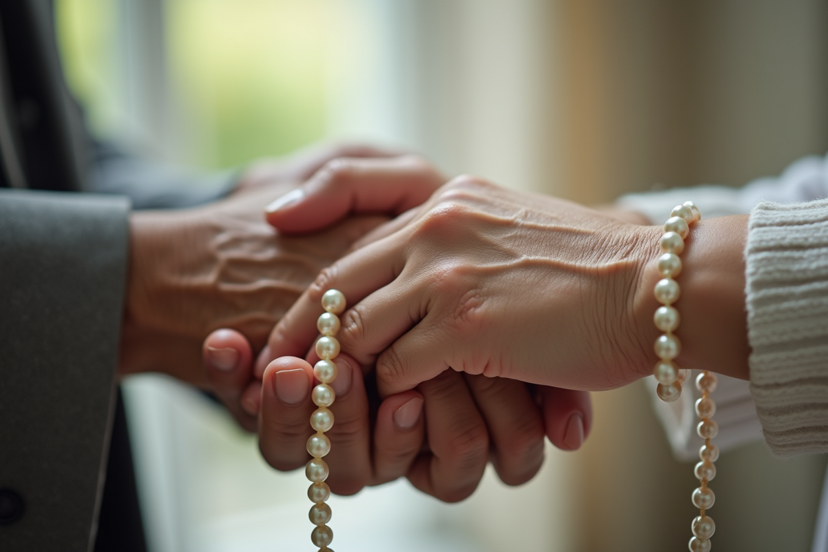 Zoom sur mains entrelacees avec collier de perles