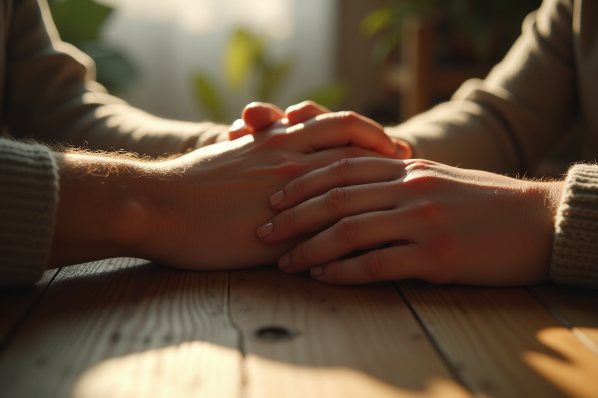 Mains entrelaees reposant sur une table en bois rustique