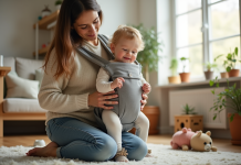 Arrêter de porter bébé : quand est-il temps ? Conseils et astuces Maman souriante avec bébé dans un porte-bébé en salon lumineux