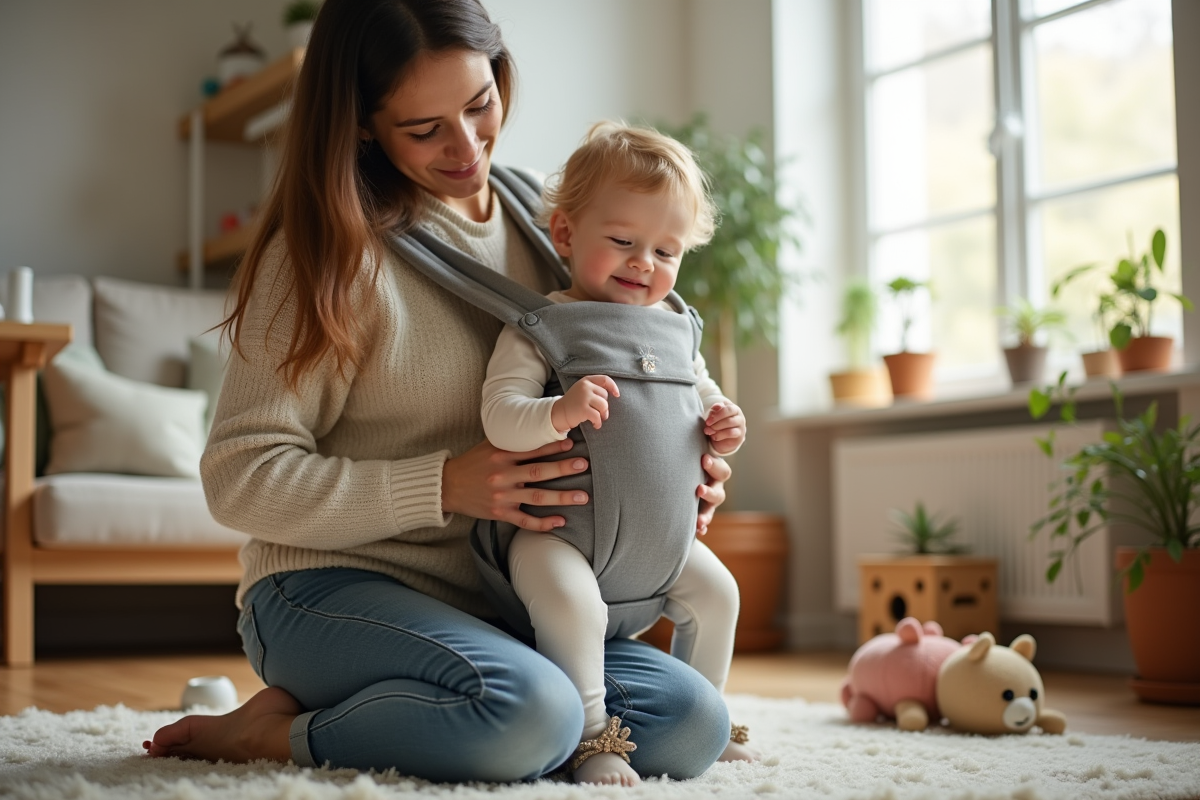 Maman souriante avec bébé dans un porte-bébé en salon lumineux