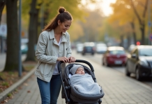 Sécurité sorties nouveau-né : conseils pour dehors avec bébé ? Jeune maman en balade avec son bébé en poussette en ville