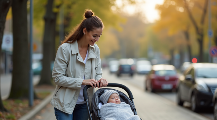 Jeune maman en balade avec son bébé en poussette en ville