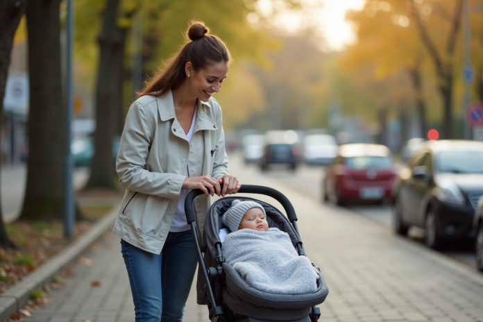 Jeune maman en balade avec son bébé en poussette en ville