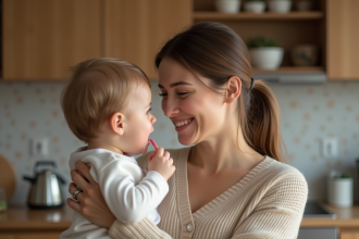Maman rassurante examinant son enfant en cuisine