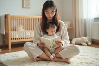 Maman chantant une berceuse à son bébé endormi dans une chambre d'enfant douce et apaisante