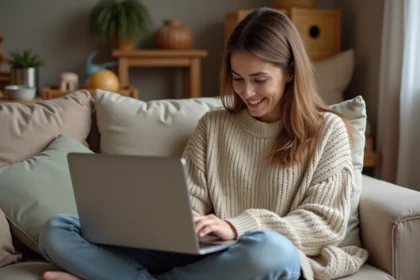 Maman seule sur son canapé consultant le blog mama-bears.fr sur son ordinateur portable avec un thé à la main