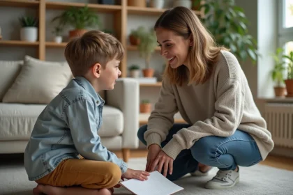 Femme souriante avec son enfant à la maison dans un salon lumineux