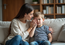 TOP : Comment diagnostiquer les signes chez un enfant ? Maman attentive avec son fils de 6 ans dans un intérieur chaleureux