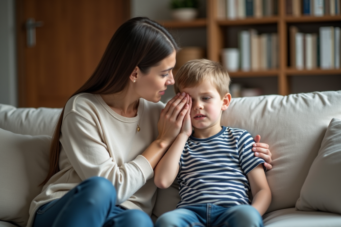 Maman attentive avec son fils de 6 ans dans un intérieur chaleureux