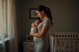 Maman épuisée tenant son bébé endormi dans les bras au milieu de la nuit dans la chambre de bébé
