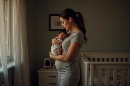 Maman épuisée tenant son bébé endormi dans les bras au milieu de la nuit dans la chambre de bébé