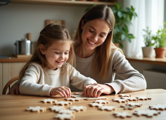 Relation parent-enfant : Comment cultiver un lien fort et authentique ? Maman et fille assemble un puzzle dans la cuisine lumineuse