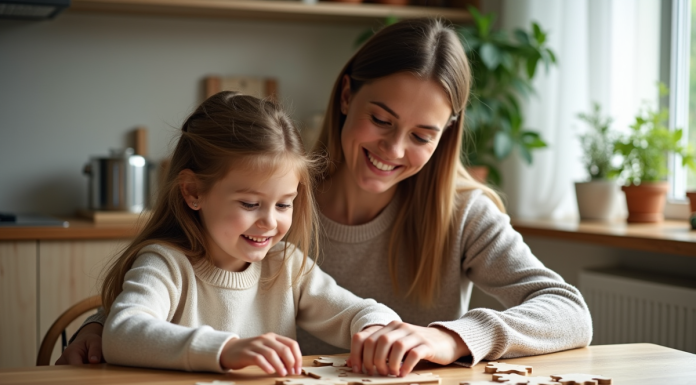 Maman et fille assemble un puzzle dans la cuisine lumineuse