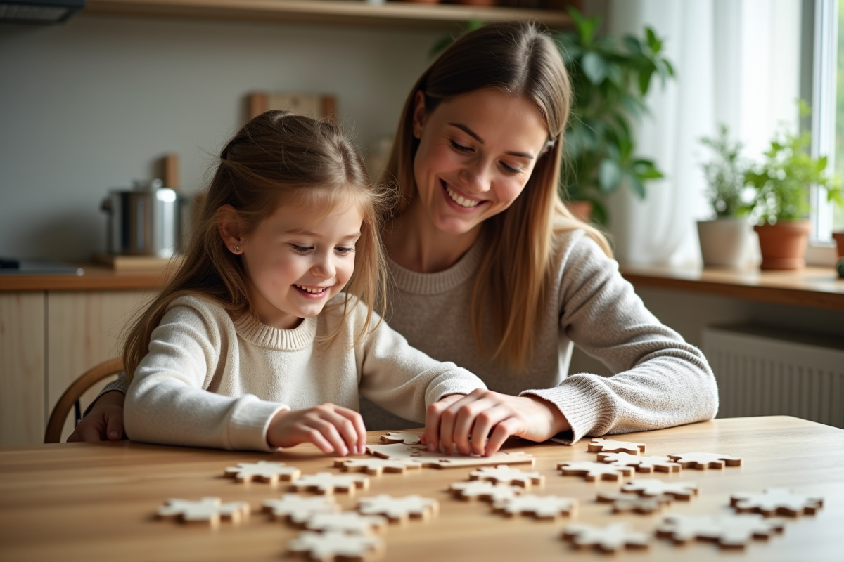 Maman et fille assemble un puzzle dans la cuisine lumineuse