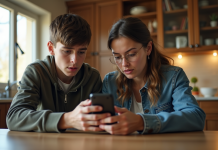 Maman montre à son fils comment utiliser un GPS sur smartphone
