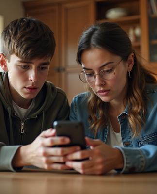 Maman montre à son fils comment utiliser un GPS sur smartphone