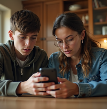 Maman montre à son fils comment utiliser un GPS sur smartphone
