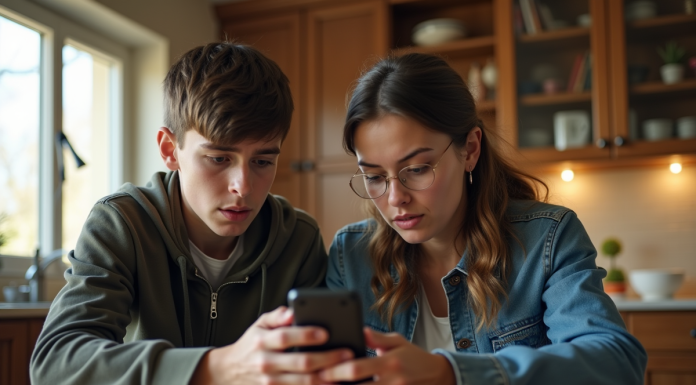 Maman montre à son fils comment utiliser un GPS sur smartphone