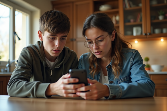 Maman montre à son fils comment utiliser un GPS sur smartphone