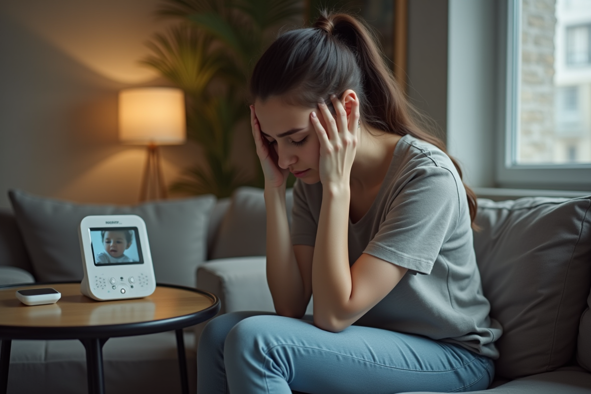 Maman inquiète assise sur le canapé avec moniteur bébé