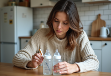 Jeune mère étiquetant des biberons dans la cuisine