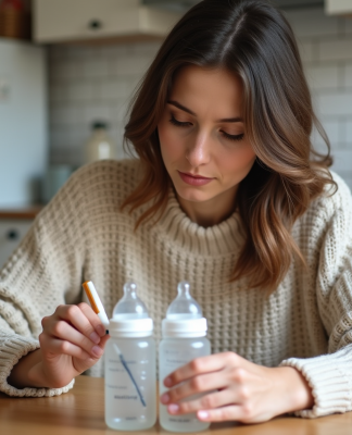 Jeune mère étiquetant des biberons dans la cuisine