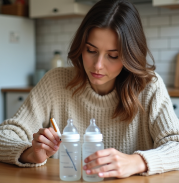Lait maternel : peut-on mélanger matin et soir ? Conseils santé Jeune mère étiquetant des biberons dans la cuisine