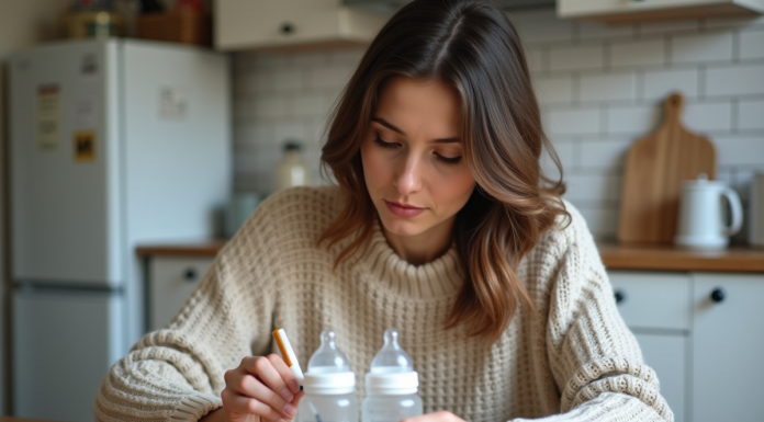Jeune mère étiquetant des biberons dans la cuisine
