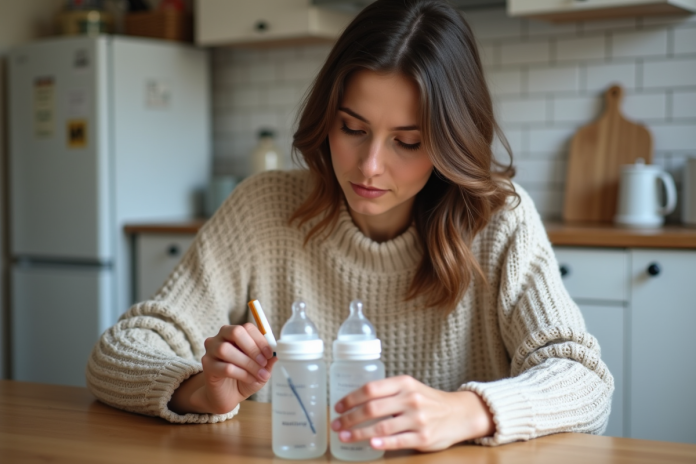 Jeune mère étiquetant des biberons dans la cuisine